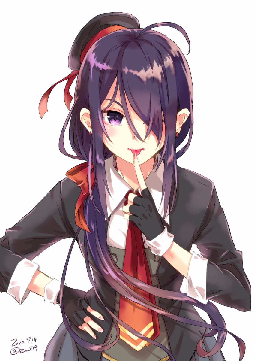 1girl aikawa_ruru ariake_(kantai_collection) beret black_gloves black_headwear collared_shirt commentary_request dated finger_to_mouth fingerless_gloves gloves grey_skirt hand_on_hip hat highres kantai_collection leaning_forward long_hair long_sleeves looking_at_viewer necktie pleated_skirt purple_hair red_neckwear shirt simple_background skirt solo tongue tongue_out twitter_username violet_eyes white_background