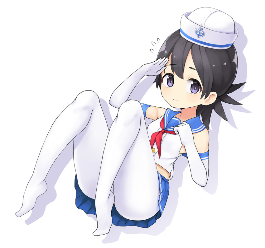 1girl black_hair blue_sailor_collar blue_skirt bural_chingu cosplay elbow_gloves eyebrows_visible_through_hair flying_sweatdrops full_body gloves hat last_origin looking_at_viewer mh-4_thetis mh-4_thetis_(cosplay) midriff neckerchief pantyhose pleated_skirt red_neckwear ribbon sailor sailor_collar sailor_hat salute seong_mi-na_(bural_chingu) simple_background sizeaton skirt solo underwear violet_eyes white_background white_gloves white_legwear