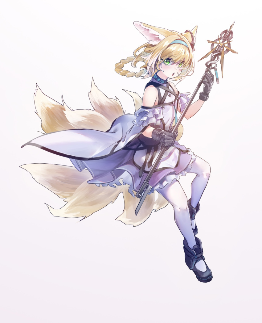 1girl animal_ears arknights bangs bare_shoulders black_footwear blonde_hair blue_hairband braid coffee18 commentary_request fox_ears fox_tail frilled_sleeves frills full_body gradient gradient_background green_eyes grey_background hairband highres holding holding_staff looking_at_viewer miniskirt multiple_tails open_mouth pantyhose petticoat purple_skirt shirt shoes short_hair short_sleeves skirt solo staff suzuran_(arknights) tail white_legwear white_shirt