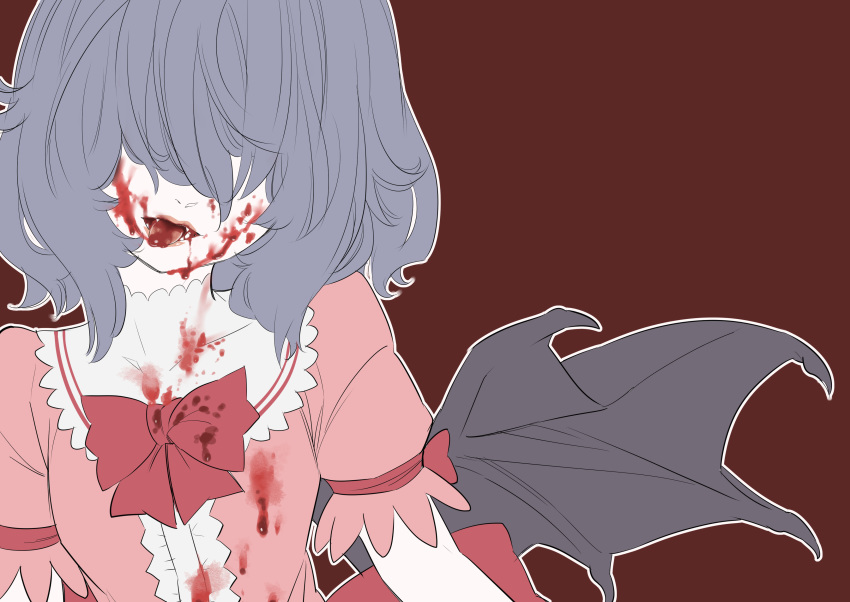 1girl absurdres bat_wings blood blood_on_face bloody_clothes blue_hair bow brown_background dress fangs frilled_sleeves frills hair_over_eyes hidden_eyes highres kawayabug licking_lips pink_dress puffy_short_sleeves puffy_sleeves red_bow red_ribbon remilia_scarlet ribbon short_sleeves simple_background solo tongue tongue_out touhou upper_body wings