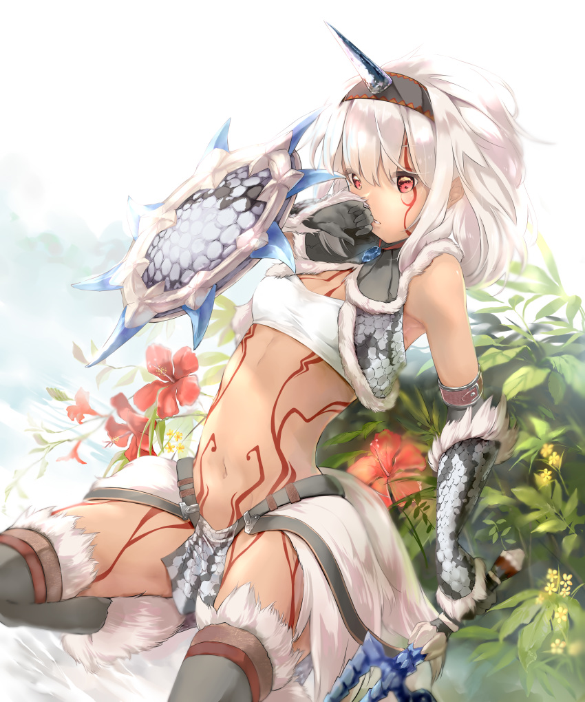 1girl :o absurdres bangs bare_shoulders body_markings breasts commentary_request cowboy_shot elbow_gloves eyebrows_behind_hair facial_mark flower fur fur_trim gloves groin hair_between_eyes hairband hand_on_own_face highres holding holding_sword holding_weapon horns kirin_(armor) loincloth looking_at_viewer mane midriff monster_hunter navel open_clothes open_vest parted_lips plant red_eyes sazanka shield sidelocks single_horn skindentation small_breasts solo strapless sword taut_clothes thigh-highs tubetop vest weapon white_background white_hair white_tubetop