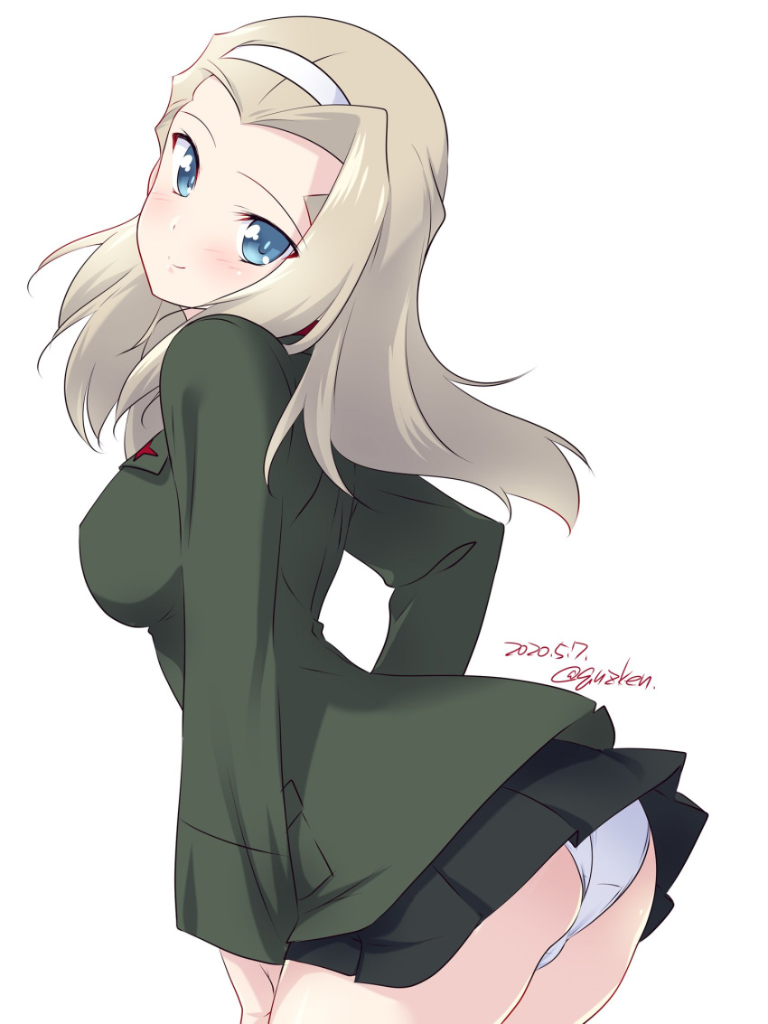 1girl arched_back ass black_skirt blonde_hair blue_eyes clara_(girls_und_panzer) closed_mouth commentary cowboy_shot crotch_seam dated from_side girls_und_panzer green_jacket hairband head_tilt highres insignia jacket kuzuryuu_kennosuke leaning_forward light_blush long_hair long_sleeves looking_at_viewer looking_back miniskirt panties pantyshot pleated_skirt pravda_school_uniform school_uniform simple_background skirt smile solo standing twitter_username underwear white_background white_hairband white_panties