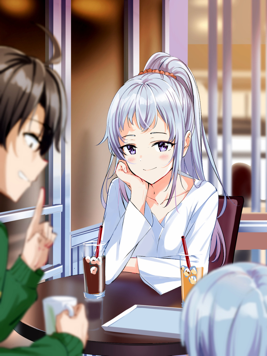 1boy 2girls ahoge arrichee bangs blurry_foreground blush brown_hair closed_mouth commentary_request cup drinking_straw green_sweater grin hair_between_eyes hand_on_own_cheek high_ponytail highres hikigaya_hachiman ice ice_cube indoors kawasaki_keika kawasaki_saki long_hair long_ponytail looking_at_viewer multiple_girls orange_scrunchie scrunchie shirt short_hair sidelocks silver_hair sitting smile sweater table violet_eyes white_shirt yahari_ore_no_seishun_lovecome_wa_machigatteiru.