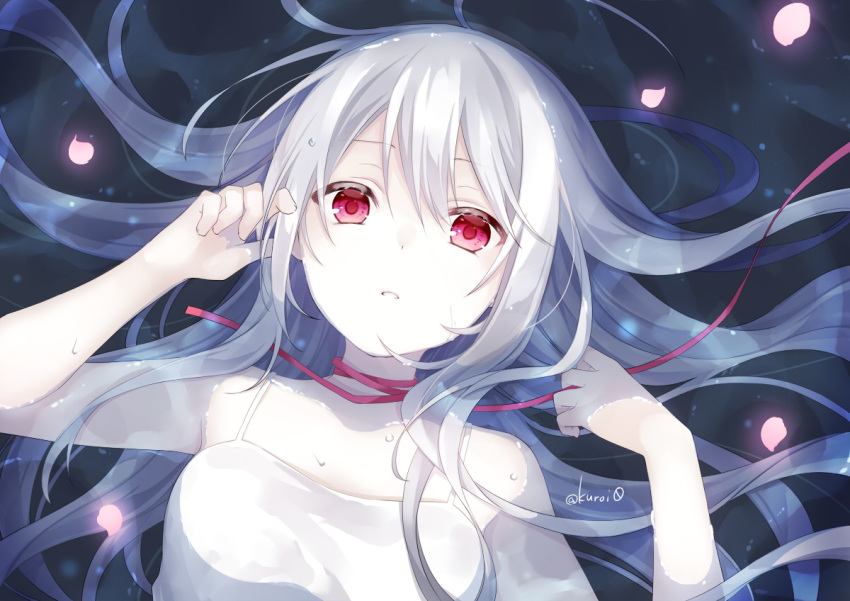 1girl albino breasts camisole kuroi_(liar-player) long_hair looking_at_viewer lying on_back original pale_skin petals pink_ribbon red_eyes ribbon signature small_breasts solo upper_body water white_hair