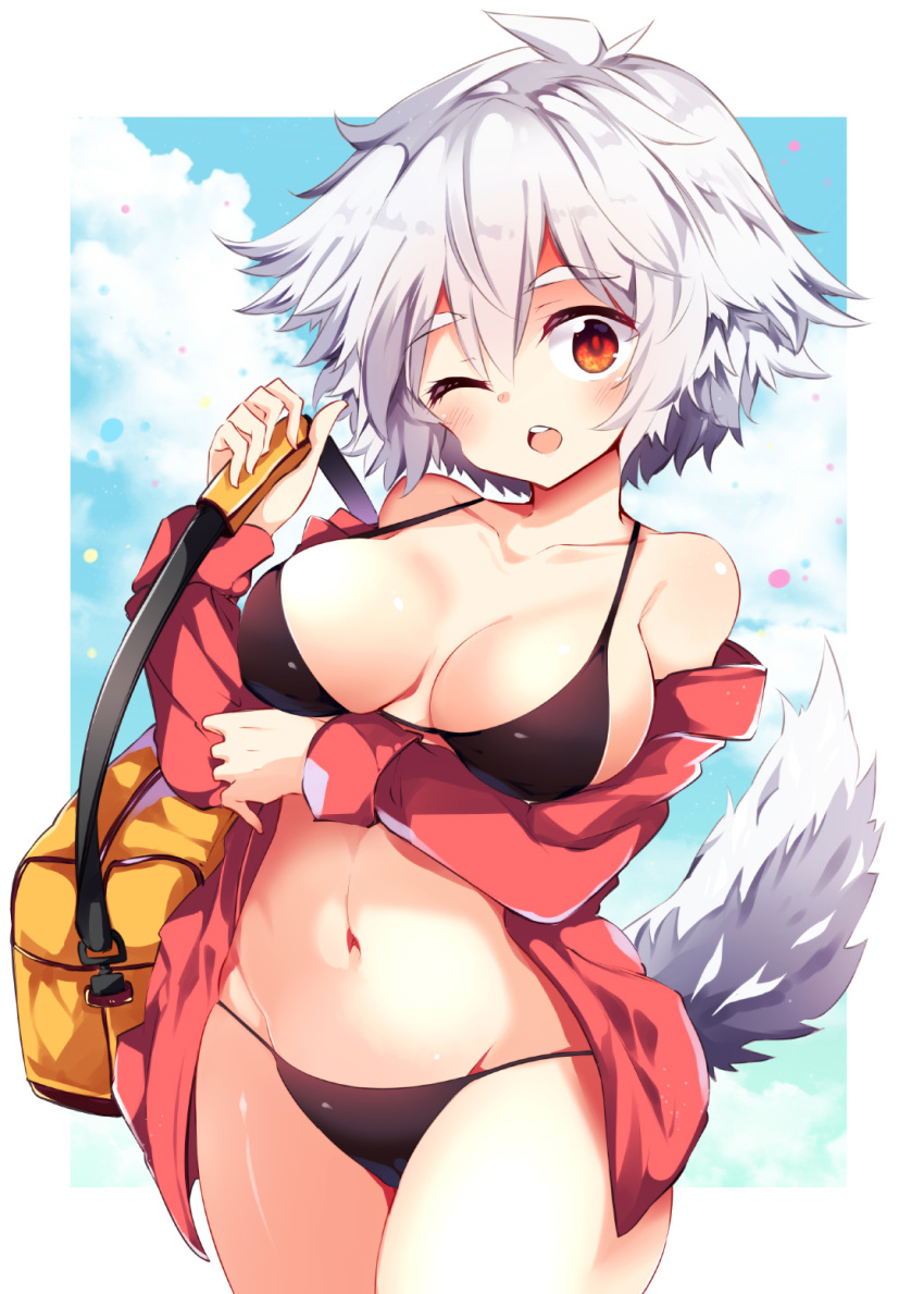 1girl ;o bag bangs bikini black_bikini blue_sky blush border breasts clouds collarbone commentary_request cowboy_shot day eyebrows_visible_through_hair groin hair_between_eyes hand_up highres inubashiri_momiji jacket large_breasts long_sleeves looking_at_viewer maturiuta_sorato navel no_hat no_headwear off_shoulder one_eye_closed open_clothes open_jacket open_mouth outdoors outside_border red_eyes red_jacket short_hair shoulder_bag silver_hair sky solo standing stomach swimsuit tail thighs touhou white_border wolf_tail