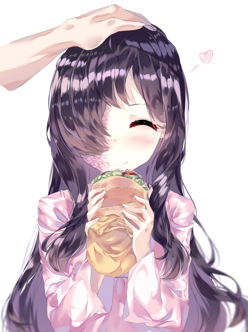 1girl ^_^ airy45525312 black_hair blush burn_scar closed_eyes commentary commission english_commentary facing_viewer food hamburger hand_on_another's_head heart highres holding holding_food ikezawa_hanako katawa_shoujo long_hair long_sleeves petting scar simple_background smile solo_focus upper_body white_background
