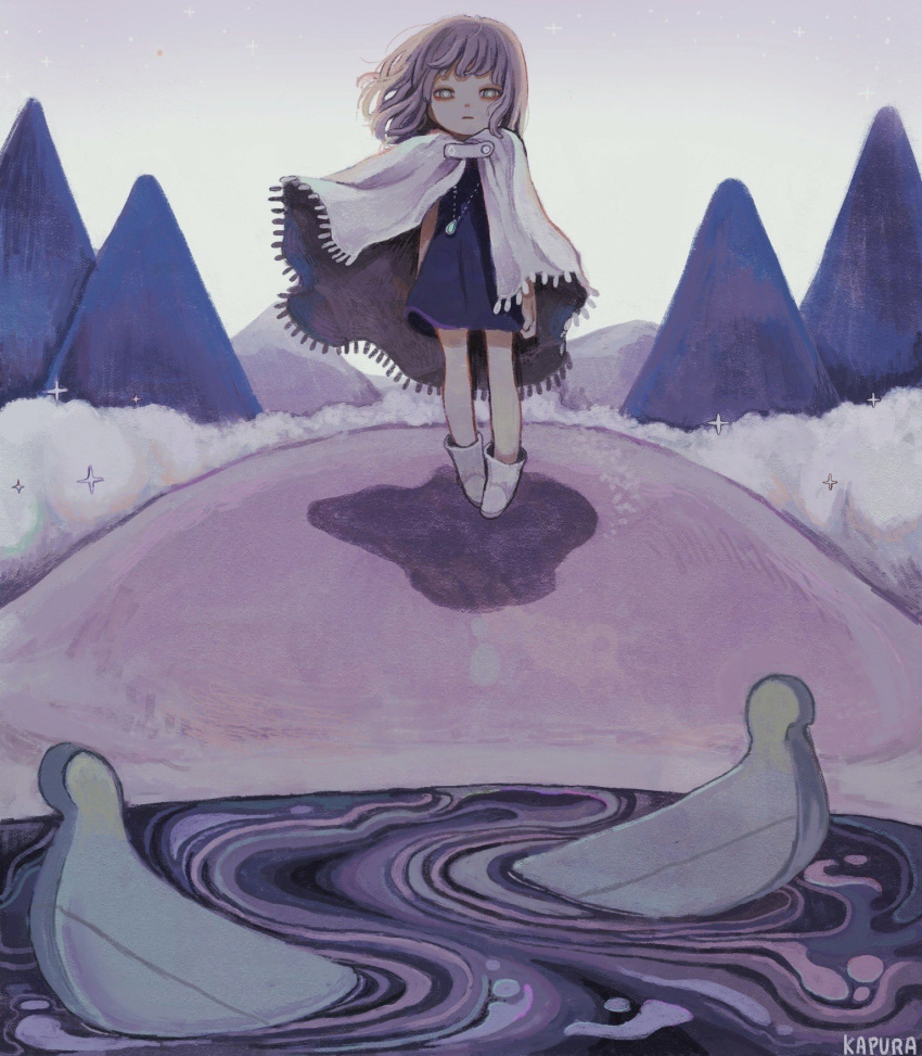 1girl bangs black_dress boat boots bright_pupils cape dress grey_eyes highres kapura long_hair looking_at_viewer original partially_immersed purple_hair shadow signature sinking solo sparkle standing watercraft white_cape white_footwear white_pupils window