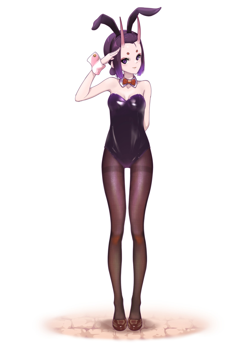 1girl absurdres animal_ears arm_behind_back bare_shoulders black_legwear black_leotard blush breasts bunnysuit closed_mouth collarbone detached_collar eyeliner fate/grand_order fate_(series) forehead full_body hair_pulled_back hairband highres horns legs leotard looking_at_viewer makeup obabynight oni oni_horns pantyhose purple_hair rabbit_ears short_eyebrows short_hair short_ponytail shuten_douji_(fate/grand_order) simple_background skin-covered_horns small_breasts smile strapless strapless_leotard thighband_pantyhose violet_eyes wrist_cuffs