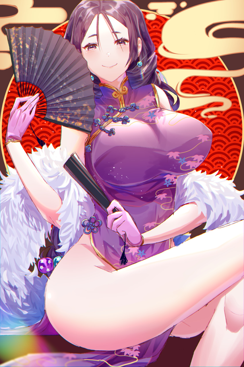 1girl absurdres artist_request bangs blush breasts china_dress chinese_clothes closed_mouth dress earrings egasumi fan fate/grand_order fate_(series) folding_fan gloves hair_between_eyes heroic_spirit_traveling_outfit highres jewelry large_breasts long_hair looking_at_viewer low-tied_long_hair minamoto_no_raikou_(fate/grand_order) parted_bangs pelvic_curtain purple_dress purple_gloves purple_hair rope side_slit sitting smile tassel thighs very_long_hair violet_eyes