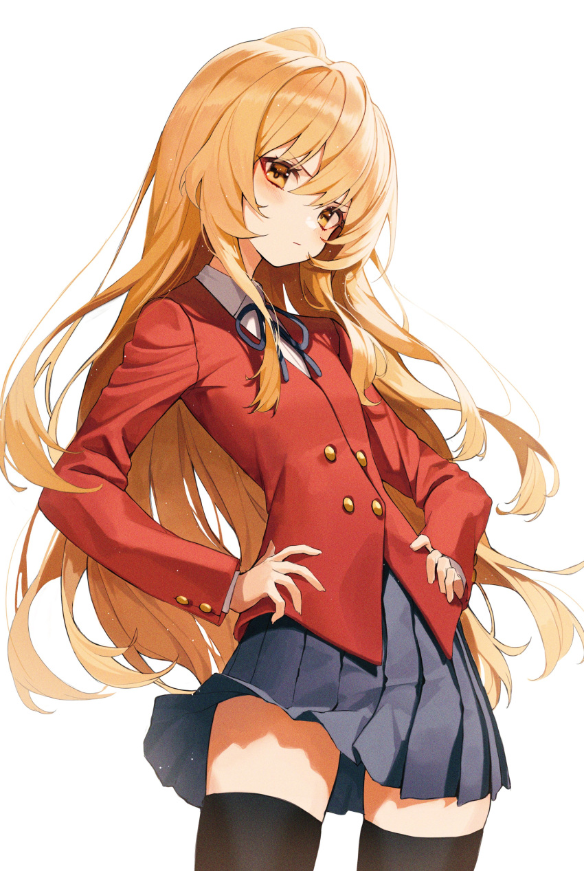 1girl absurdres aisaka_taiga blue_skirt brown_eyes brown_hair flat_chest hands_on_hips highres jacket leaning_back long_hair looking_down oohashi_high_school_uniform pout pro-p red_jacket school_uniform skirt solo symbol_commentary thigh-highs toradora! v-shaped_eyebrows white_background zettai_ryouiki