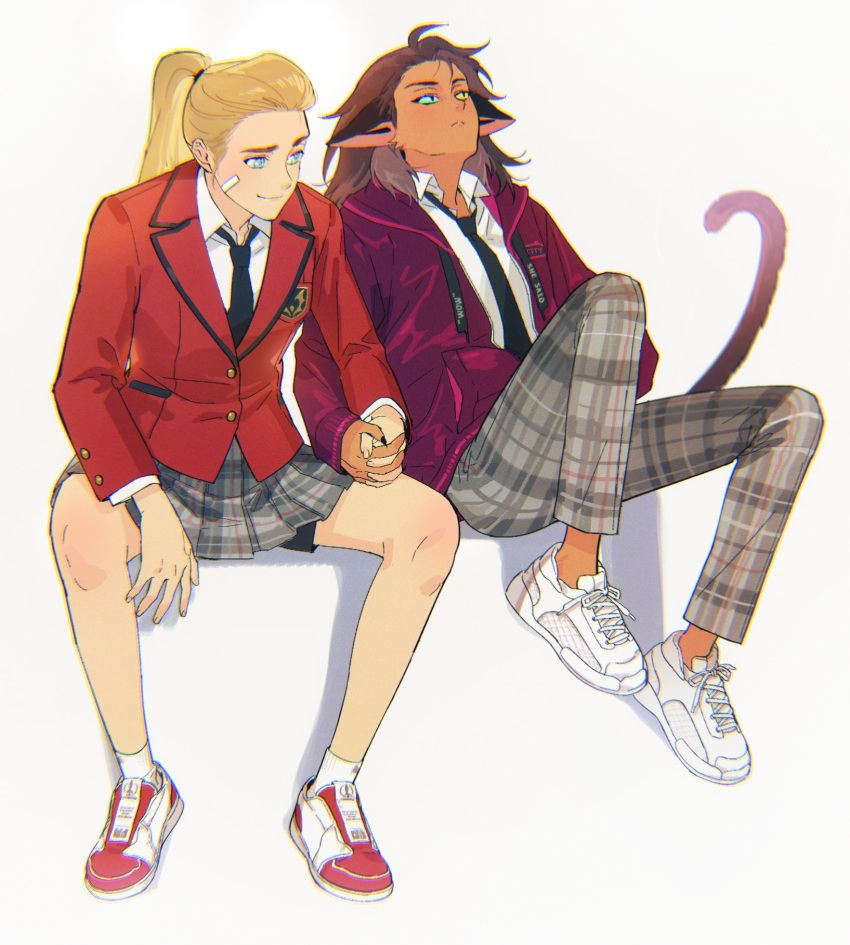 2girls adora_(she-ra) alternate_costume alternate_universe animal_ears bandaid bandaid_on_face blazer blonde_hair blue_eyes brown_hair cat_ears cat_girl cat_tail catra full_body heterochromia highres holding_hands hood hoodie jacket kotneciii multiple_girls necktie pants plaid plaid_pants plaid_skirt ponytail red_jacket school_uniform she-ra_and_the_princesses_of_power shoes shorts shorts_under_skirt skirt sneakers tail white_background