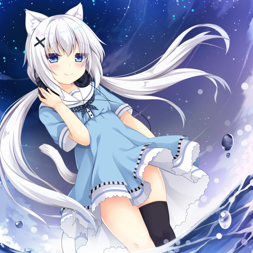 1girl absurdres animal_ear_fluff animal_ears bangs black_legwear blue_dress blue_eyes blush cat_ears cat_girl cat_tail closed_mouth commentary_request dress dutch_angle eyebrows_visible_through_hair feet_out_of_frame hair_between_eyes hair_ornament hand_on_headphones headphones headphones_around_neck highres long_hair looking_at_viewer low_twintails night night_sky original outdoors sailor_collar sailor_dress sakuraba_hikaru_(loveindog) short_sleeves single_thighhigh sky smile solo star_(sky) starry_sky tail thigh-highs twintails very_long_hair wading water water_drop white_hair white_sailor_collar x_hair_ornament