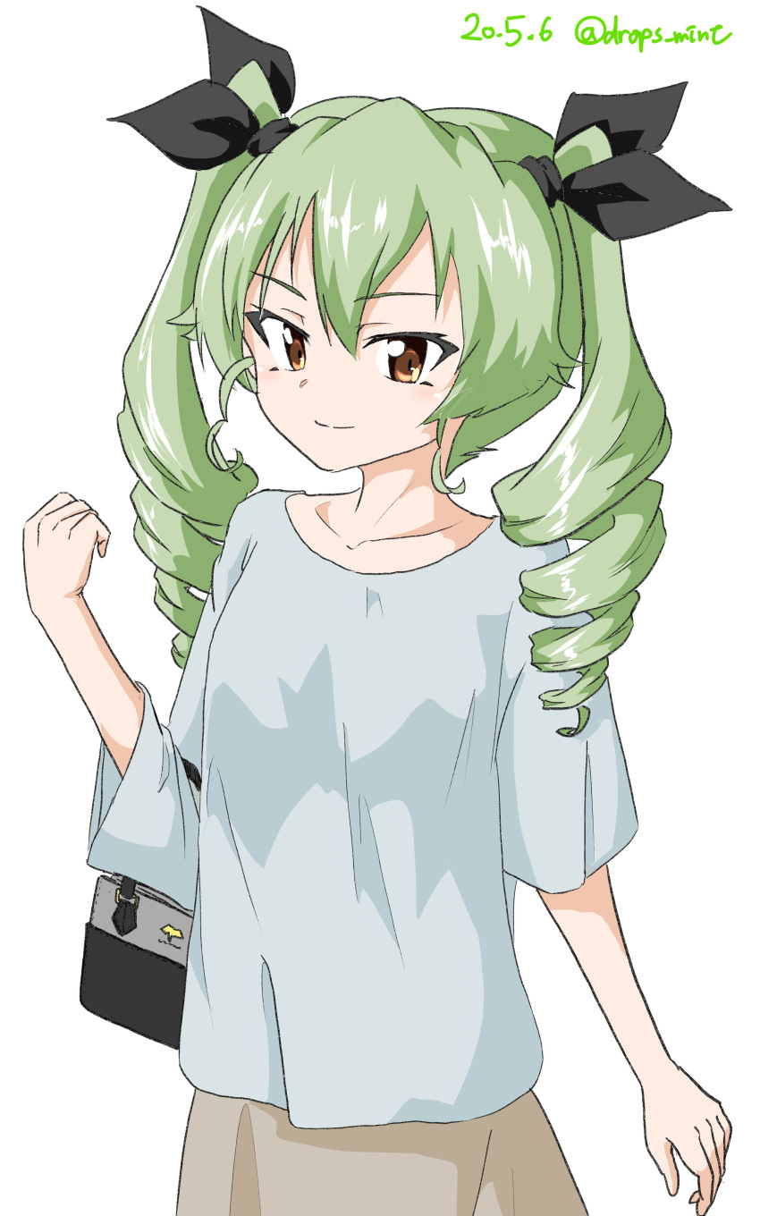 1girl absurdres anchovy_(girls_und_panzer) asymmetrical_sleeves bag bangs black_ribbon blue_shirt brown_eyes brown_skirt carrying casual closed_mouth commentary dated drill_hair drops_mint girls_und_panzer green_hair hair_ribbon handbag highres long_hair long_sleeves looking_at_viewer ribbon shirt short_sleeves simple_background skirt smile solo standing twin_drills twintails twitter_username white_background