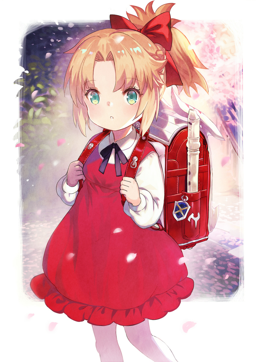 1girl absurdres aqua_eyes backpack bag bangs blonde_hair blush bow braid dress fate/apocrypha fate_(series) flute french_braid hair_bow highres instrument long_hair long_sleeves looking_at_viewer mordred_(fate) mordred_(fate)_(all) open_mouth parted_bangs ponytail red_bow red_dress shirt sidelocks thighs tokopi white_shirt younger