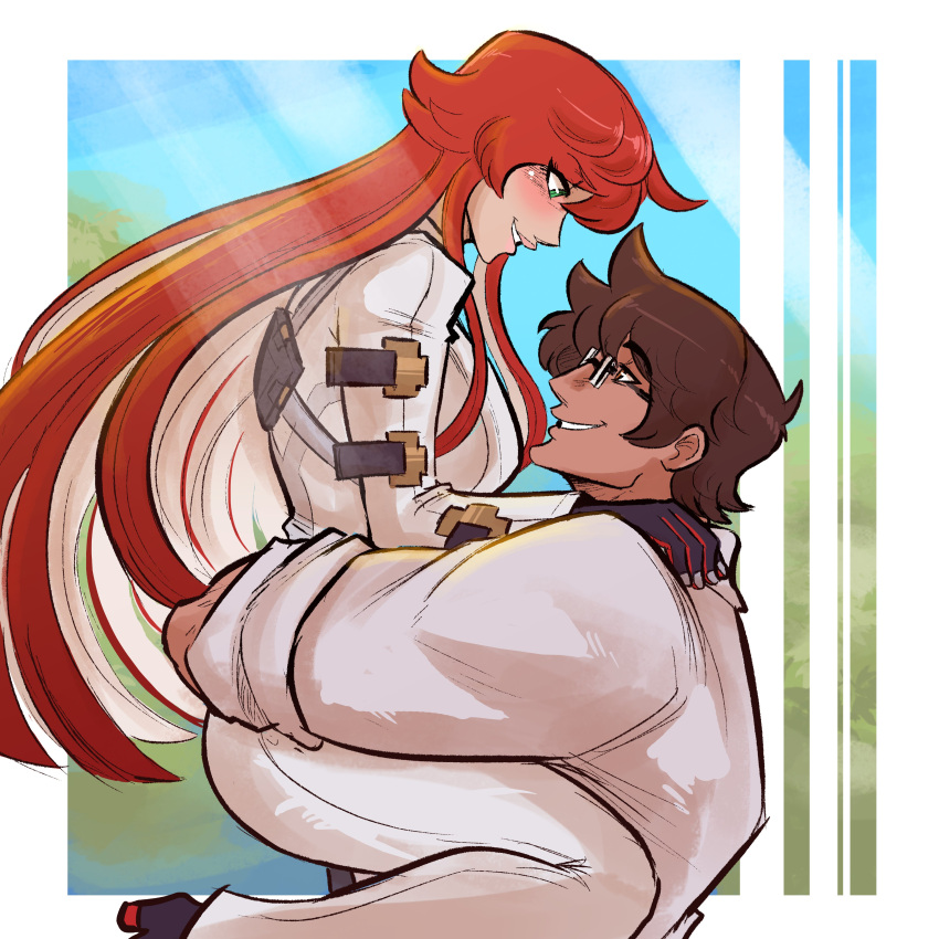 absurdres ass brown_hair couple glasses gloves guilty_gear guilty_gear_strive highres hug huge_ass husband_and_wife jack-o'_valentine labcoat multicolored_hair redhead scruffyturtles sol_badguy white_hair