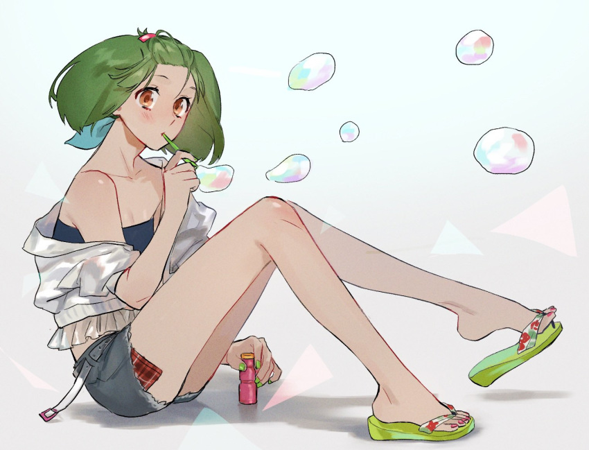 1girl alternate_costume alternate_hairstyle bangs_pinned_back bubble_blowing green_hair green_nails hairband jacket looking_at_viewer macross macross_frontier orange_eyes pote-mm ranka_lee sandals short_hair short_shorts shorts sitting solo white_jacket