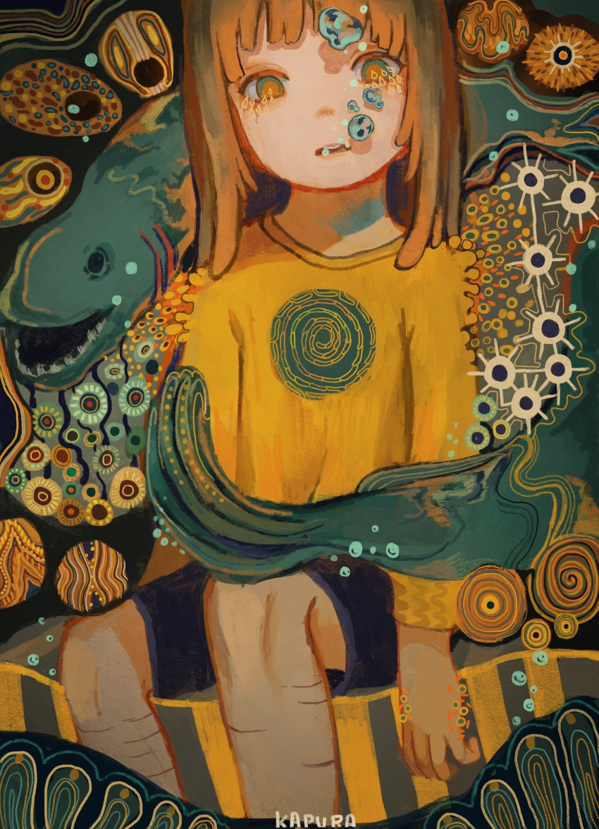 1girl abstract bangs black_shorts bubble eel feet_out_of_frame highres kapura long_sleeves open_mouth original shirt shorts signature solo surreal yellow_shirt