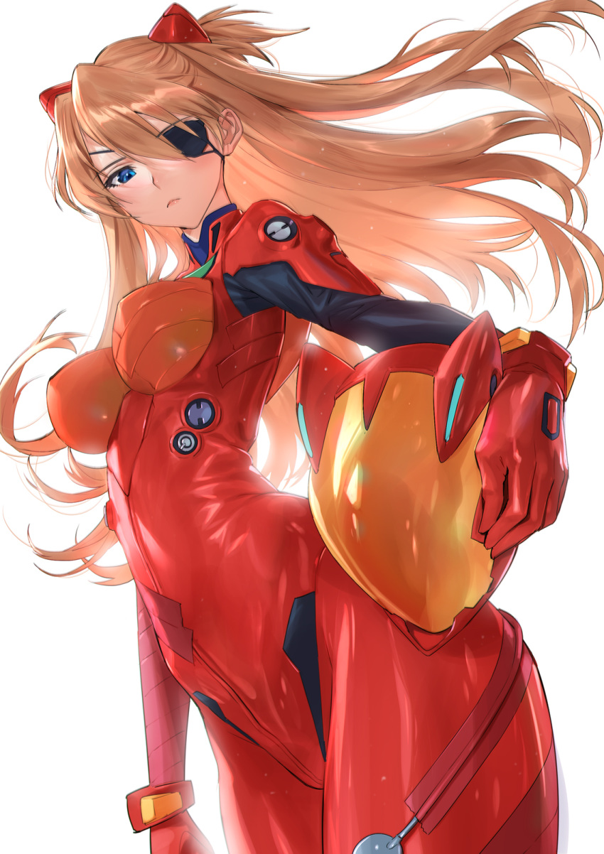 1girl blue_eyes bodysuit breasts eyepatch headwear_removed helmet helmet_removed highres interface_headset long_hair medium_breasts mhk_(mechamania) neon_genesis_evangelion nerv number orange_bodysuit orange_hair plugsuit rebuild_of_evangelion red_bodysuit shikinami_asuka_langley solo souryuu_asuka_langley tsundere white_background