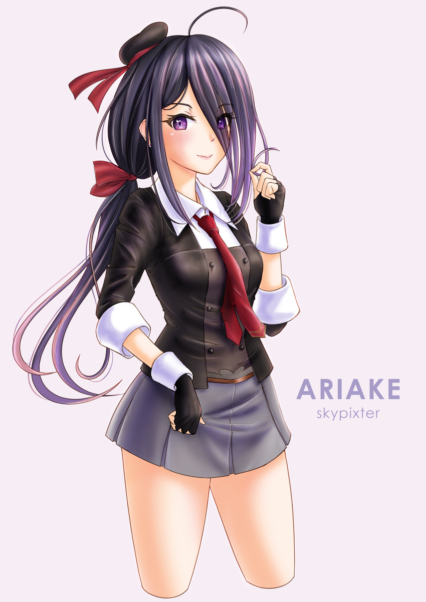 1girl absurdres ariake_(kantai_collection) artist_name beige_background beret black_gloves black_hair black_headwear black_jacket blazer character_name collared_shirt commentary_request contrapposto cowboy_shot cropped_legs fingerless_gloves gloves grey_skirt hair_over_one_eye hat highres jacket kantai_collection long_hair looking_at_viewer necktie pleated_skirt red_neckwear shirt simple_background skirt skypixter solo standing violet_eyes white_shirt