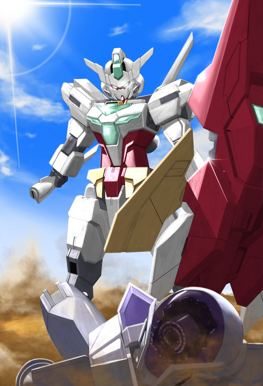 495032158 absurdres alus_core_gundam broken_glass chinese_commentary core_gundam_ii damaged glass glowing glowing_eyes green_eyes gundam gundam_build_divers gundam_build_divers_re:rise highres holding holding_knife holding_shield knife looking_down mecha no_humans shield solo_focus walking