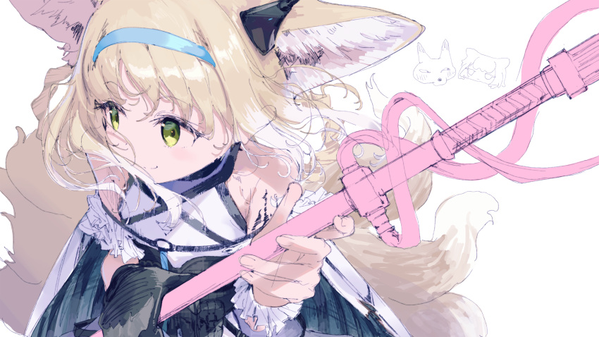 1girl animal_ears arknights artist_request bangs bare_shoulders black_gloves blonde_hair blue_hairband fox_ears fox_tail frills gloves green_eyes hair_ornament hair_rings hairband highres holding holding_staff multicolored_hair multiple_tails ore_lesion_(arknights) sketch smile solo staff suzuran_(arknights) tail white_background white_hair wrist_cuffs