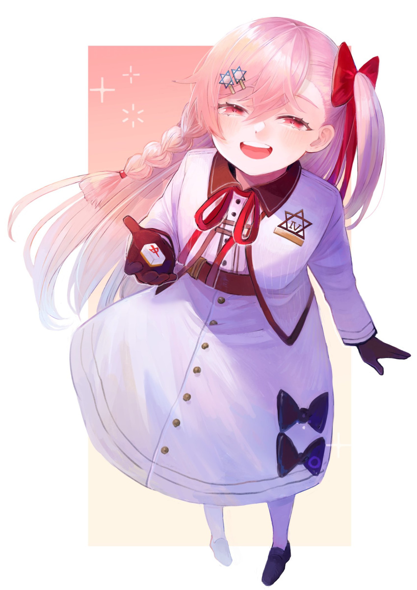 1girl aaoshigatoutoi bangs blush bow braid commentary_request eyebrows_visible_through_hair girls_frontline gloves hair_between_eyes hair_bow hair_ornament hair_ribbon hairclip hexagram highres long_hair looking_at_viewer mahjong_tile negev_(girls_frontline) one_side_up pink_hair red_bow red_eyes ribbon simple_background smile solo star_of_david