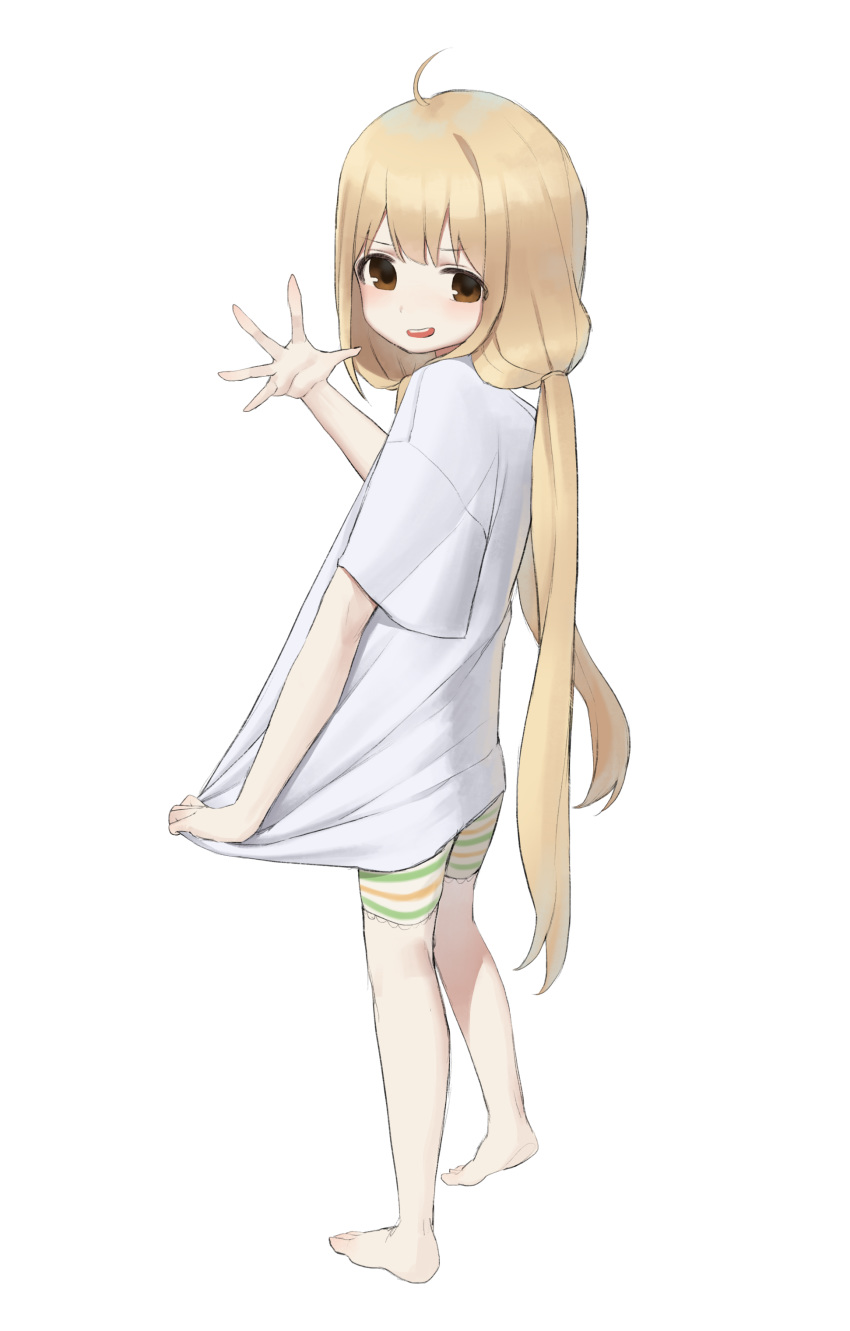 1girl absurdres ahoge bangs barefoot blonde_hair blush brown_eyes commentary_request feet futaba_anzu highres idolmaster idolmaster_cinderella_girls idolmaster_cinderella_girls_starlight_stage long_hair looking_at_viewer open_mouth shirt shirt_tug short_sleeves simple_background solo spread_fingers teeth toes twintails very_long_hair white_background white_shirt wide_sleeves xi_xeong