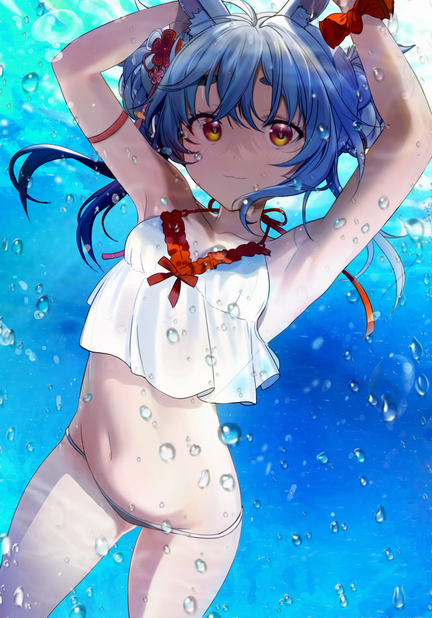 1girl absurdres air_bubble animal_ear_fluff animal_ears arm_strap armpits arms_up bare_shoulders bikini blue_hair breasts bubble freediving halter_top halterneck highres hololive long_hair looking_at_viewer navel orange_eyes rabbit_ears scrunchie seicoh small_breasts smile solo stomach string_bikini swimsuit thighs underwater usada_pekora virtual_youtuber water white_bikini wrist_scrunchie