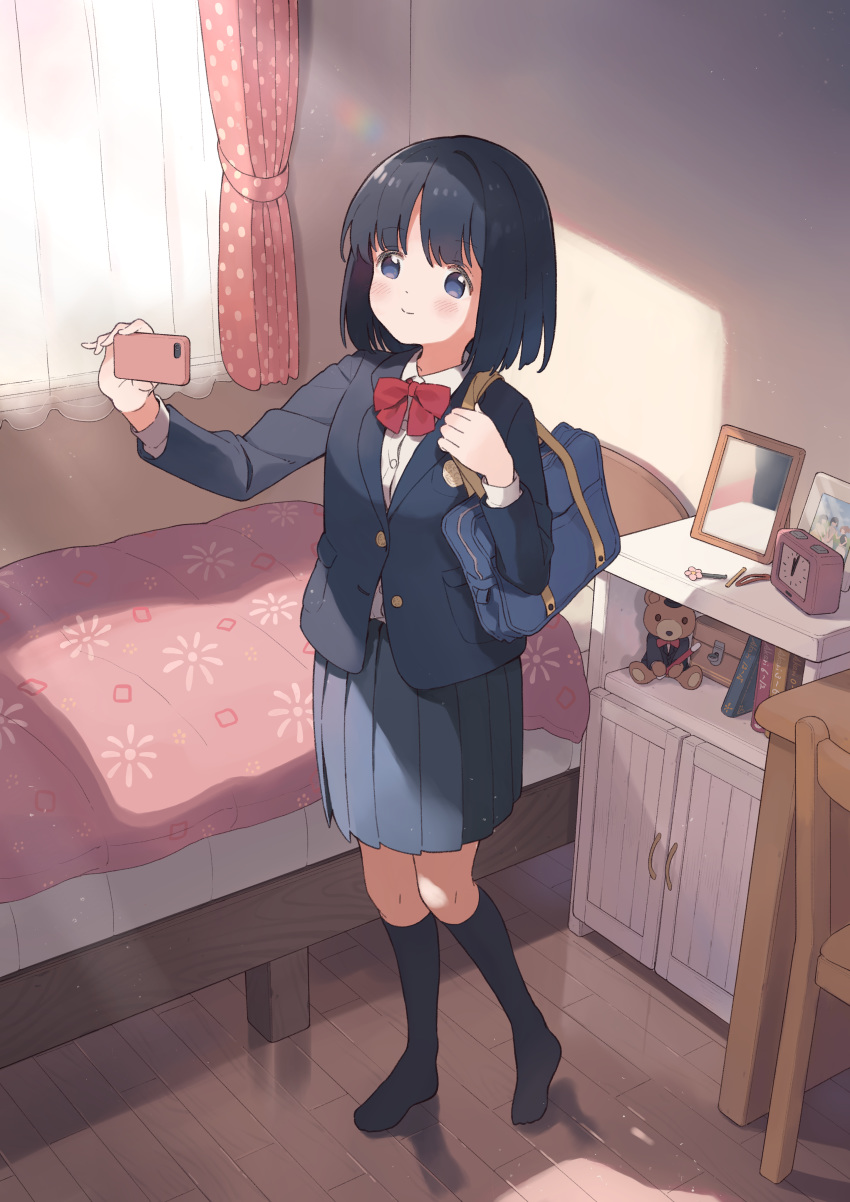 1girl absurdres bag bedroom black_eyes black_hair black_legwear blazer blush bow bowtie highres holding holding_phone indoors jacket kneehighs nirareba original phone pleated_skirt red_neckwear school_bag school_uniform short_hair shoulder_bag skirt solo sunlight uniform window