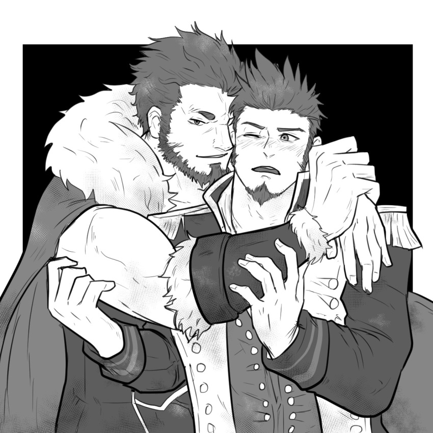 2boys armor armored_dress arms_around_neck arms_at_sides arms_up atiskw bara beard biceps blush cape collared_shirt commission couple crossed_arms epaulettes facial_hair fate/grand_order fate/zero fate_(series) fur_collar greyscale hand_on_another's_arm head_to_head highres iskandar_(fate) leather long_sleeves looking_at_another male_focus military military_uniform monochrome multiple_boys muscle napoleon_bonaparte_(fate/grand_order) one_eye_closed open_mouth outstretched_arms shirt sideburns simple_background smile t-shirt uniform yaoi
