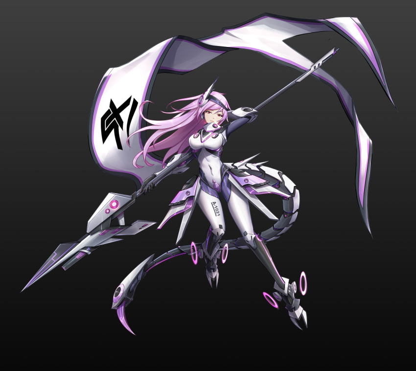 1girl 3779609928 absurdres banner bodysuit breasts covered_navel flag gauntlets highres holding holding_weapon impossible_bodysuit impossible_clothes lance large_breasts long_hair looking_at_viewer mecha_musume mechanical_tail original polearm purple_hair red_eyes skin_tight tail weapon white_bodysuit