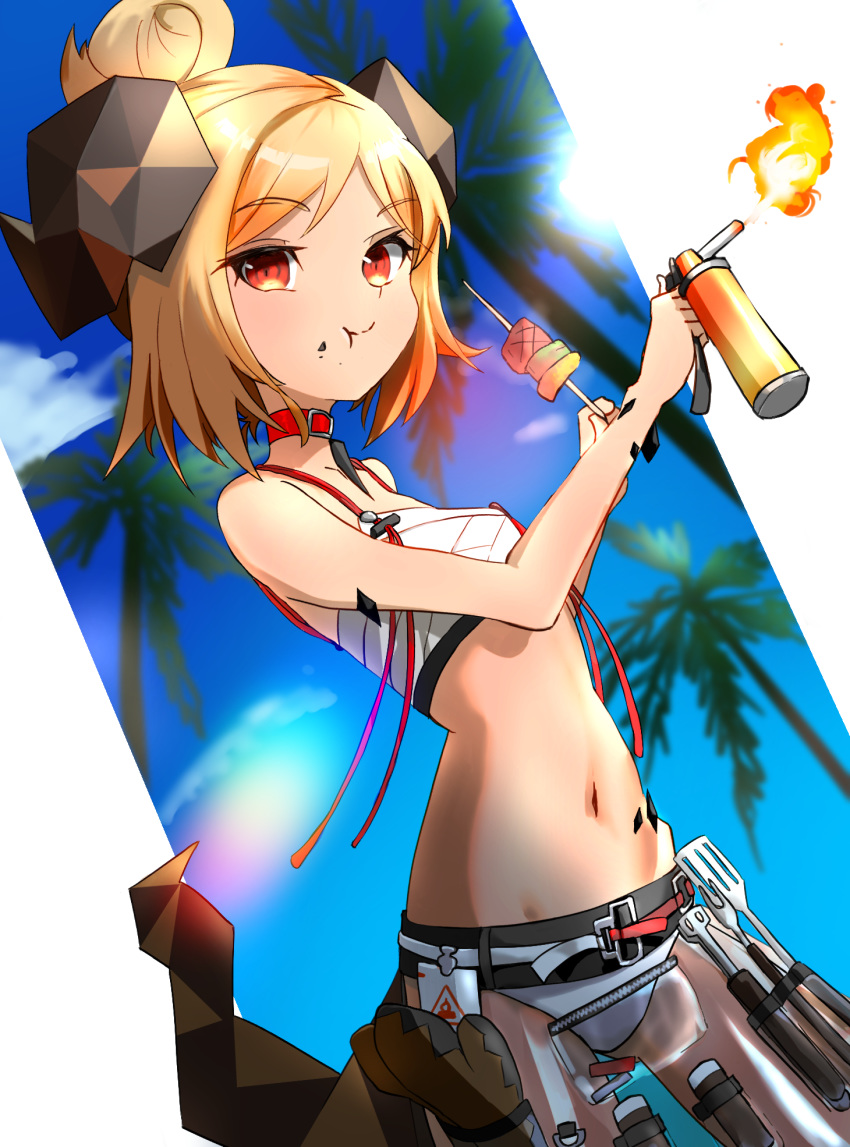 1girl arknights bikini blonde_hair blowtorch chewing choker clouds commentary_request dutch_angle eyebrows_visible_through_hair fire flame flat_chest food food_on_face fork hair_bun highres holding horns ifrit_(arknights) looking_at_viewer navel ore_lesion_(arknights) originium_(arknights) oven_mitts palm_tree see-through shirokuma1414 short_hair skewer sky smile solo spatula standing stomach sunlight swimsuit tail tree white_bikini