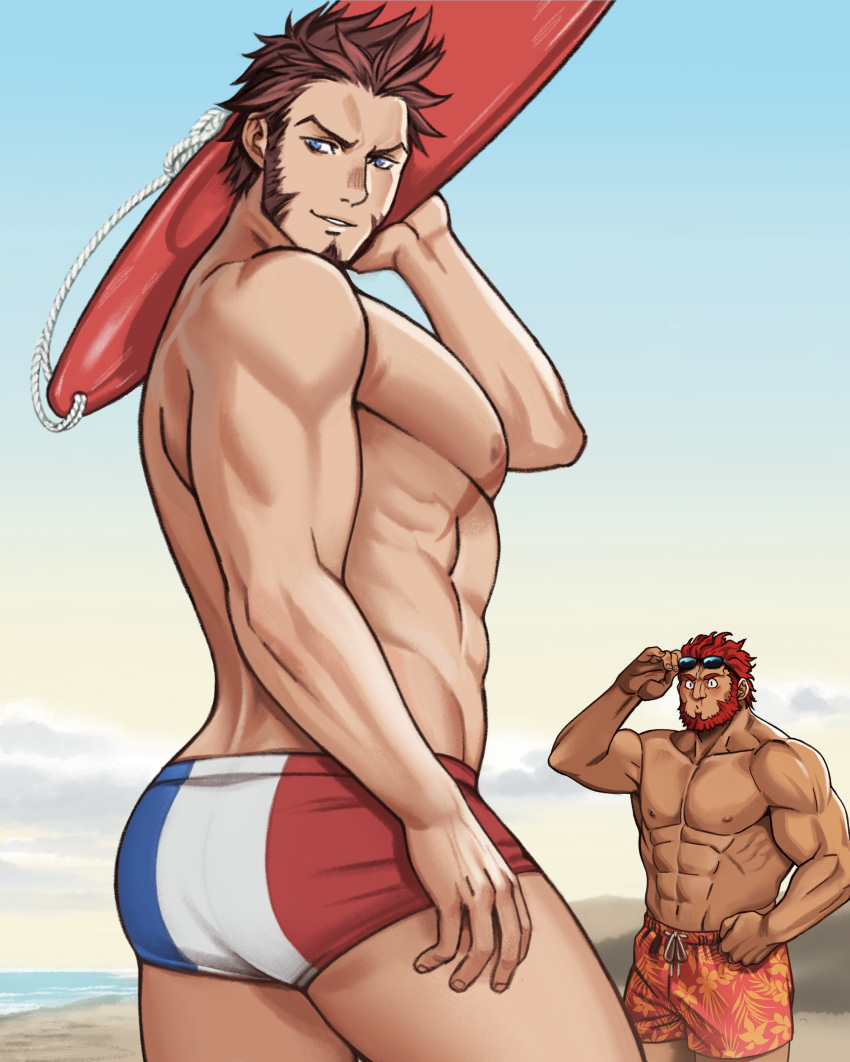 2boys abs absurdres alternate_costume ass bara beard blood blue_eyes brown_hair chest commission couple eyewear_on_head facial_hair fate/grand_order fate/zero fate_(series) goatee highres iskandar_(fate) looking_at_viewer male_focus male_swimwear multiple_boys muscle napoleon_bonaparte_(fate/grand_order) nosebleed pectorals redhead scar sideburns smile steel_peach swimwear thighs