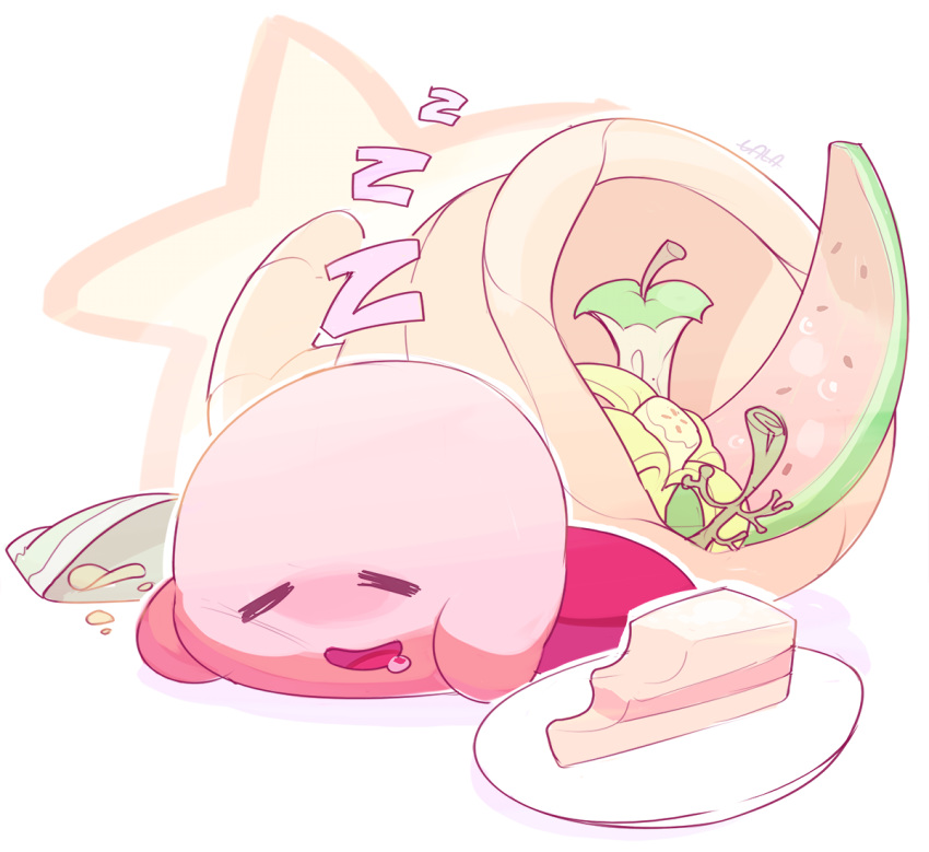 1boy :d =_= apple artist_name bag banana blush chips cornucopia disconnected_mouth drooling food fruit galabuddy green_apple kirby kirby_(series) on_floor open_mouth outline pink_skin plate potato_chips saliva signature simple_background sleeping smile solo star_(symbol) watermelon white_background zzz