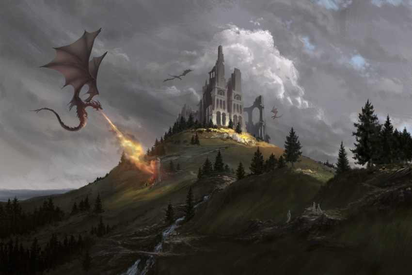 castle clouds cloudy_sky dragon fantasy fire highres krita_(medium) landscape large_wings no_humans original philipp_urlich river ruins scenery sky tree wyvern