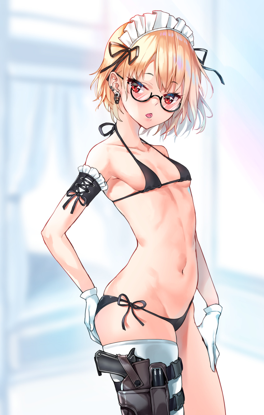 1girl bangs bare_shoulders bikini black_bikini black_ribbon blonde_hair breasts collarbone commentary_request ear_piercing earrings eyebrows_visible_through_hair frills from_side glasses gloves gun hands_on_own_ass highres holstered_weapon jewelry looking_at_viewer maid_bikini maid_headdress mayoichi navel open_mouth original piercing red_eyes ribbon semi-rimless_eyewear short_hair side-tie_bikini single_thighhigh small_breasts solo stomach swimsuit thigh-highs tongue tongue_out weapon white_gloves white_legwear