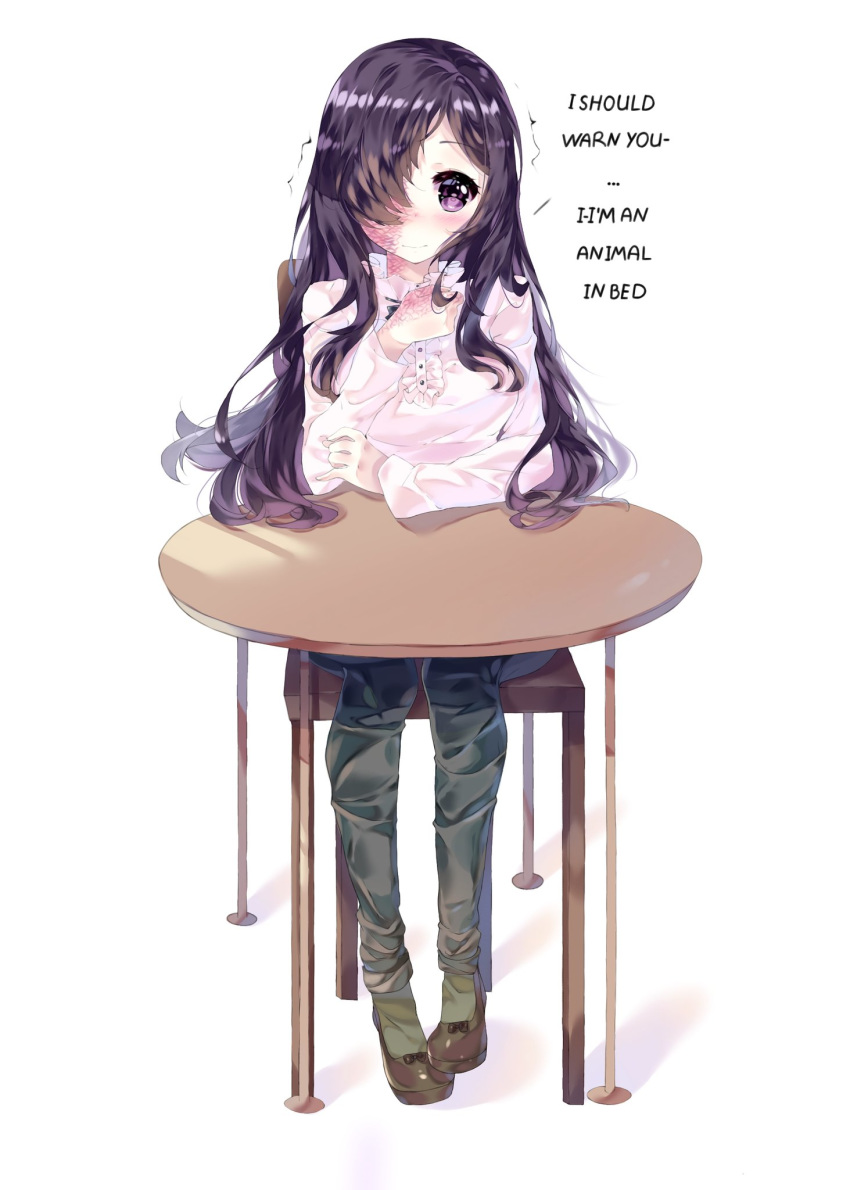 1girl airy45525312 bangs black_hair blush burn_scar casual center_frills chair commentary commission elbow_rest english_commentary english_text full_body hair_over_one_eye hand_up highres ikezawa_hanako katawa_shoujo light_smile long_hair long_sleeves looking_at_viewer pants scar shirt simple_background sitting solo table violet_eyes white_background white_shirt