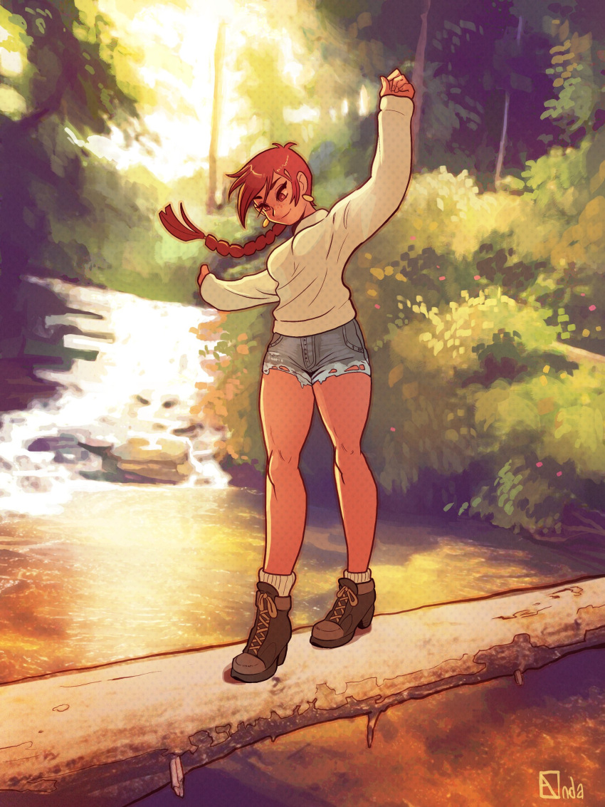 1girl absurdres aubrey_(neal_d._anderson) balancing blue_shorts boots brown_footwear brown_hair earrings highres jewelry leaf long_hair long_sleeves neal_d._anderson original plant ponytail shadow shirt shorts solo standing water white_shirt wide_shot