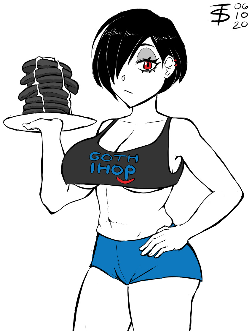 1girl absurdres black_hair breasts cowboy_shot crop_top dated ear_piercing eyeshadow femboy_hooters food gothic hair_over_one_eye hand_on_hip highres holding holding_plate ihop large_breasts limited_palette looking_at_viewer makeup midriff original pancake piercing plate print_tank_top red_eyes short_hair simple_background solo stack_of_pancakes syrup tank_top tomboy_sama under_boob white_background