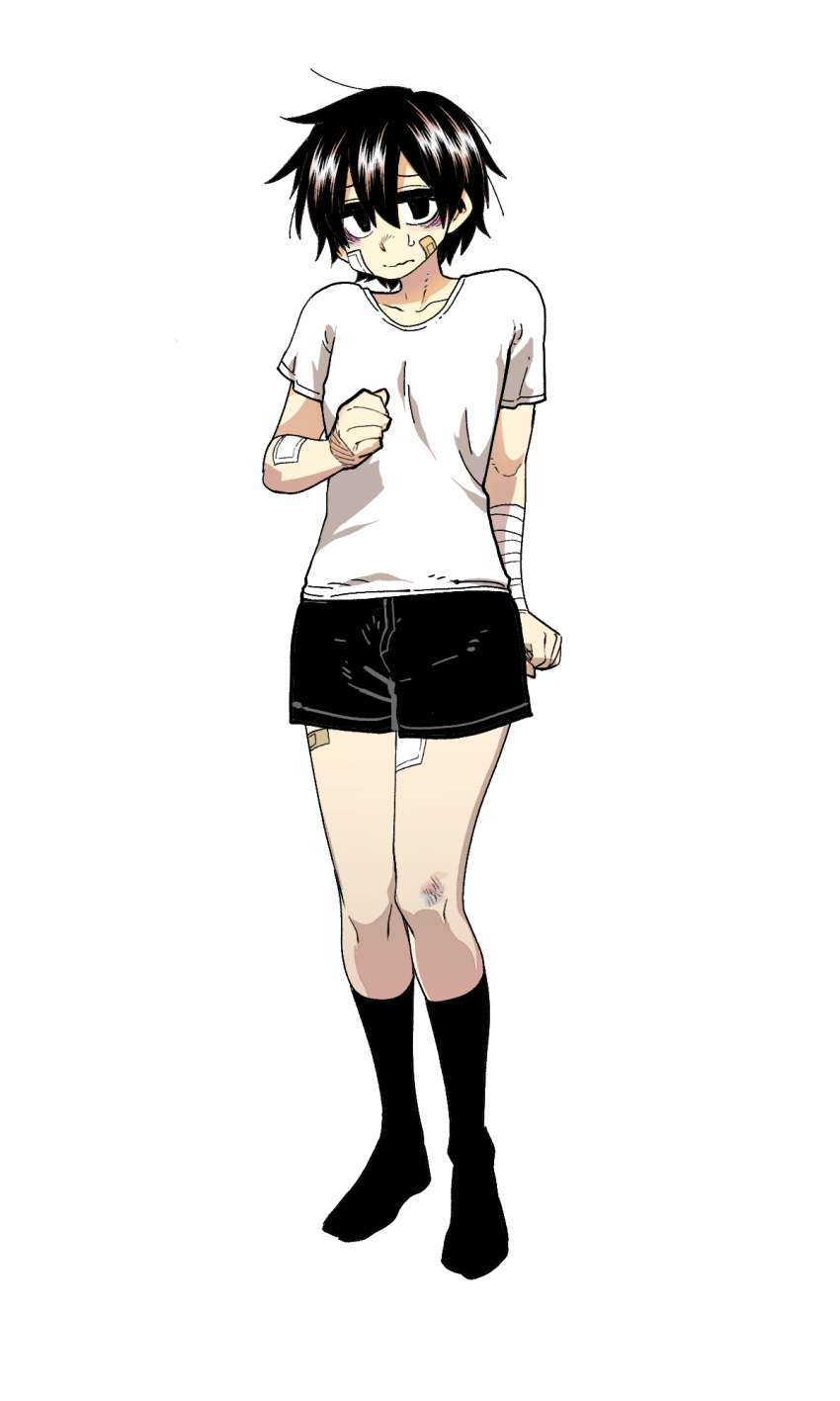 1boy bags_under_eyes bandage_on_face bandages bandaid bandaid_on_cheek bandaid_on_leg black_eyes black_hair bruise full_body hair_between_eyes highres injury kneehighs lee_hoon male_focus no_shoes parkgee shirt short_shorts shorts simple_background socks solo suicide_boy sweatdrop t-shirt white_background