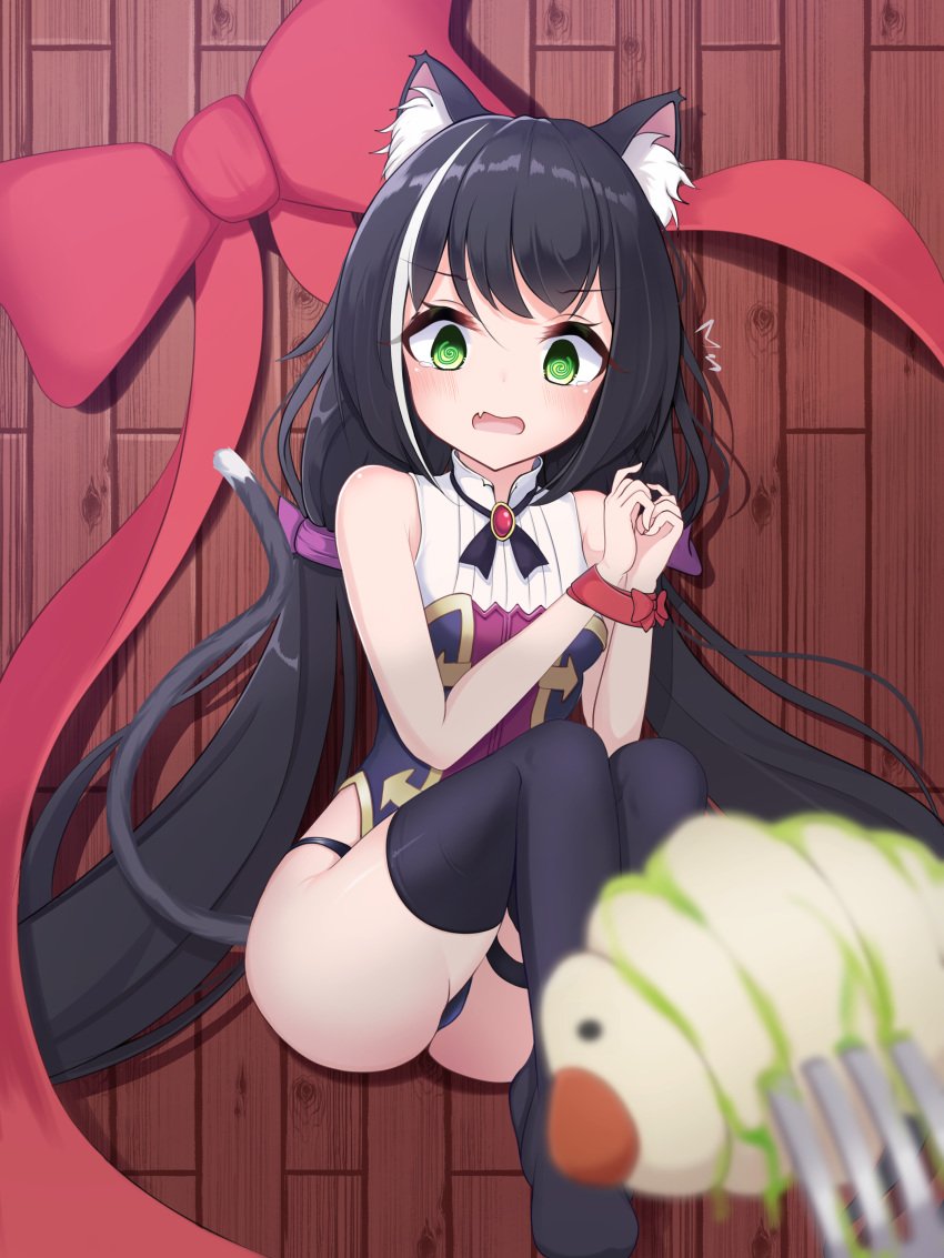 1girl @_@ absurdres animal_ear_fluff animal_ears ass bangs bare_shoulders black_hair black_panties blurry_foreground blush bound bow breasts bug cat_ears cat_girl cat_tail commentary_request dress eyebrows_visible_through_hair fang fork from_above gem green_eyes highres insect karyl_(princess_connect!) large_bow long_hair looking_at_viewer low_twintails multicolored_hair no_shoes open_mouth panties princess_connect! princess_connect!_re:dive red_bow sleeveless sleeveless_dress small_hands solo streaked_hair tail tearing_up thigh-highs twintails underwear very_long_hair white_hair wooden_floor zangi_(lkt2012)