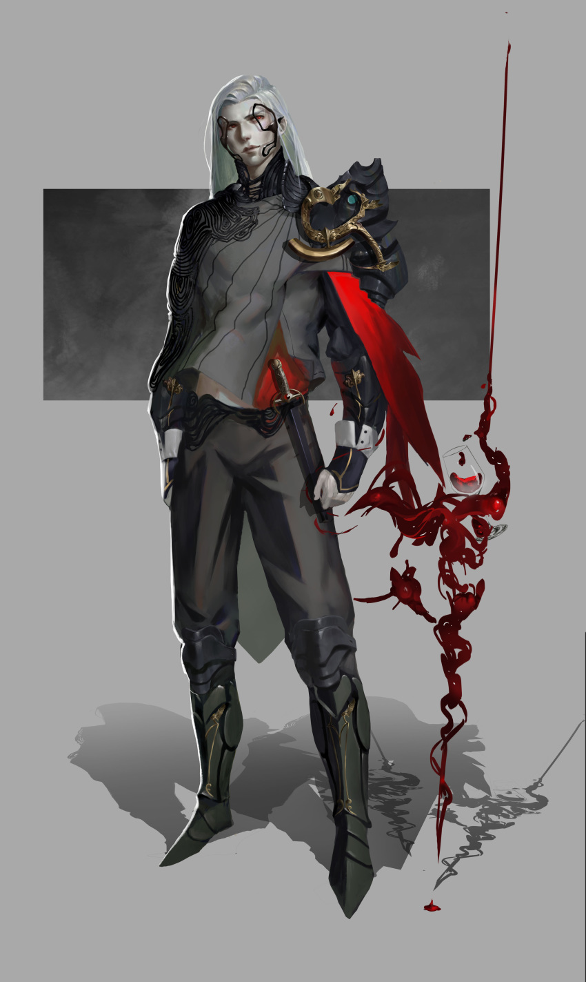 1boy absurdres alcohol armor blood closed_mouth cup dagger drinking_glass dripping gem greaves highres long_hair male_focus original pauldrons red_eyes shoulder_armor single_pauldron solo standing sundujuan vampire weapon white_hair wine wine_glass