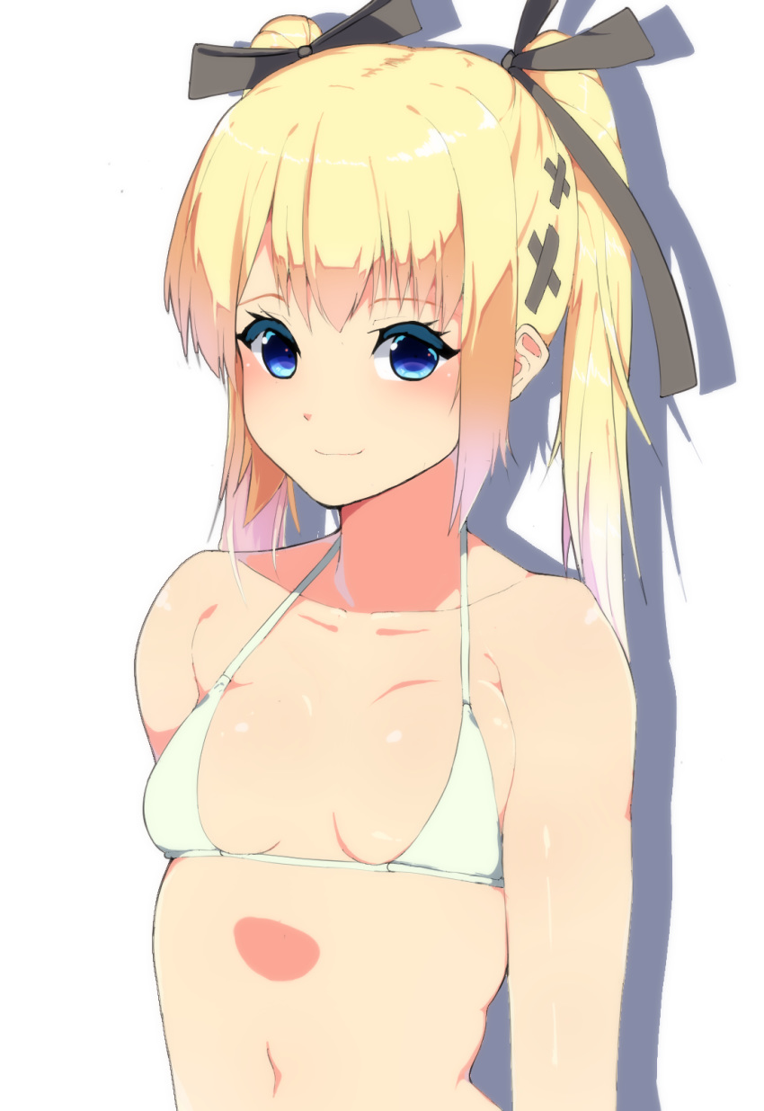 1girl bangs bare_shoulders bikini black_ribbon blonde_hair blue_eyes blush breasts breasts_apart closed_mouth collarbone cross_hair_ornament dead_or_alive eyebrows_visible_through_hair hair_ornament hair_ribbon highres long_hair looking_at_viewer marie_rose nishisan_(mikurosu) ribbon sidelocks small_breasts smile solo swimsuit twintails upper_body white_background white_bikini