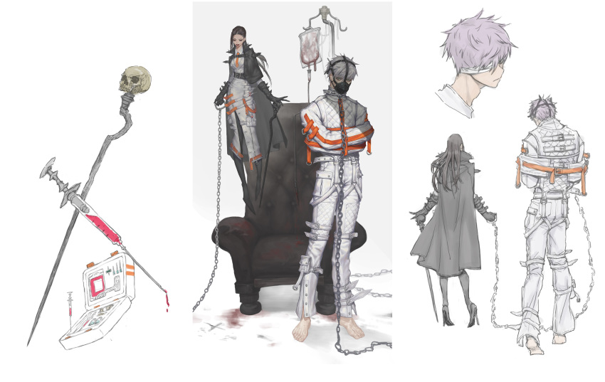 1boy 1girl barefoot belt bgy black_hair blood blood_stain cane chain chair doctor dripping floating gloves green_eyes grey_hair highres holding_cane intravenous_drip long_hair necktie orange_neckwear original parted_lips red_eyes sketch skull slit_pupils smile standing straight_hair syringe teeth toenails upper_teeth walking