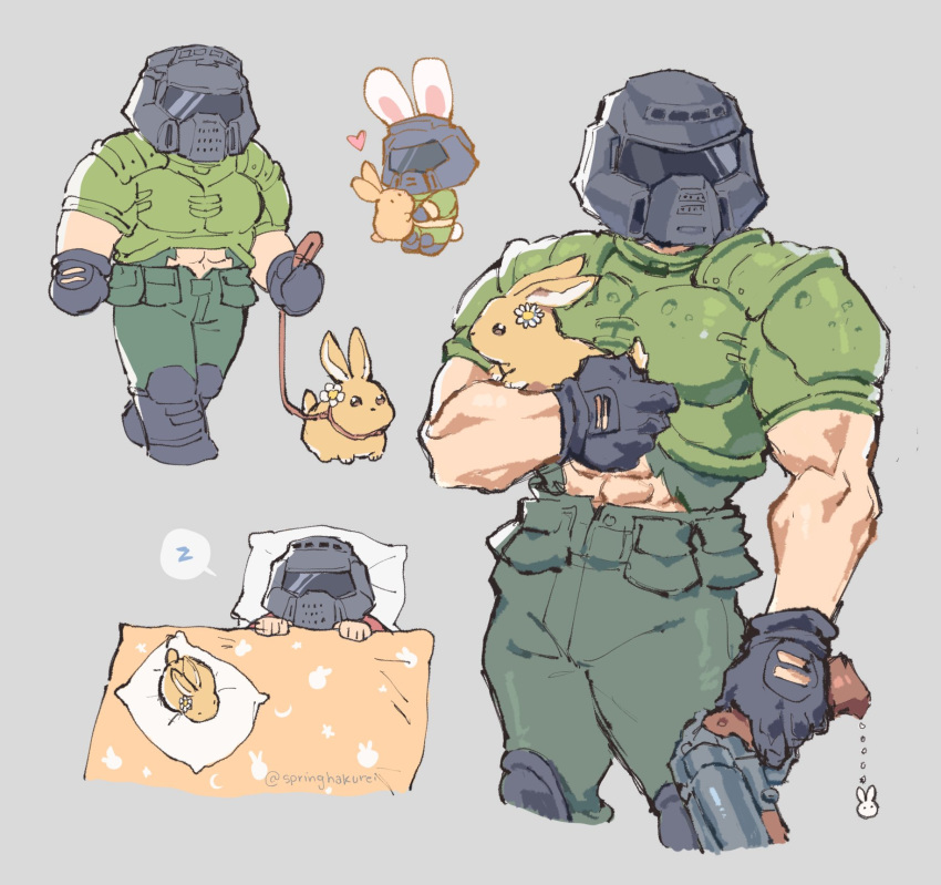 1boy abs akiyoku animal armor black_gloves chibi commentary daisy_(doom) doom_(game) doomguy double-barreled_shotgun english_commentary fingerless_gloves flower gloves grey_background gun helmet highres holding holding_gun holding_weapon leash multiple_views muscle rabbit shotgun simple_background sleeping spoken_zzz weapon zzz