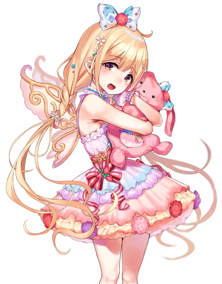 1girl bare_arms blonde_hair blue_dress bow brown_eyes dress fake_wings flower futaba_anzu gradient_clothes hair_bow highres idolmaster idolmaster_cinderella_girls long_hair looking_at_viewer mirei multicolored multicolored_clothes multicolored_dress object_hug open_mouth pink_dress pink_flower pink_rose polka_dot polka_dot_bow purple_dress purple_flower purple_rose red_flower red_rose rose simple_background smile solo standing stuffed_animal stuffed_bunny stuffed_toy twintails white_background white_bow wings wrist_cuffs yellow_dress