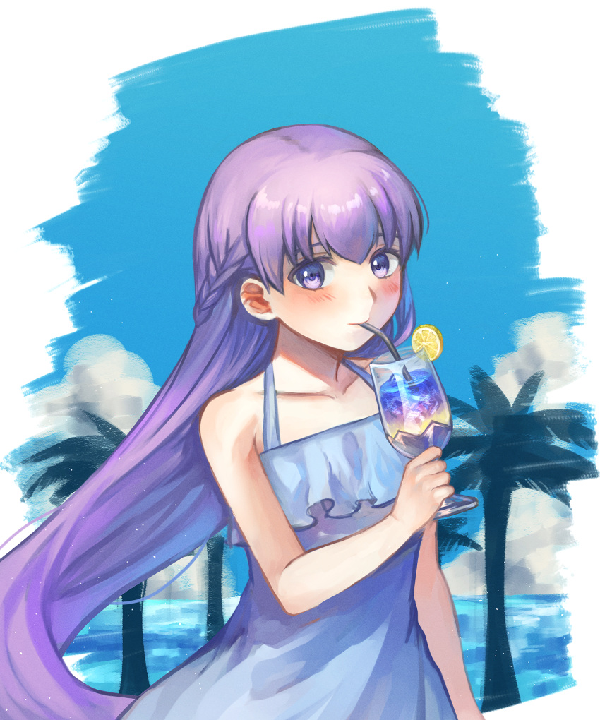 1girl absurdly_long_hair adapted_costume alternate_costume bare_shoulders blue_dress blue_sky blush collarbone cup cute dress drinking drinking_glass drinking_straw fire_emblem fire_emblem:_fuuin_no_tsurugi fire_emblem:_the_binding_blade fire_emblem_6 fire_emblem_heroes fire_emblem_sword_of_seals food fruit highres holding holding_cup intelligent_systems lemon lemon_slice loli long_hair mesz410 nintendo ocean palm_tree purple_hair sky sleeveless sleeveless_dress solo sophia_(fire_emblem) summer super_smash_bros. tree very_long_hair violet_eyes