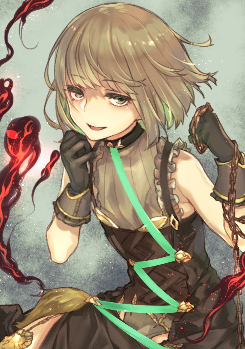 1boy :d bangs brown_dress brown_gloves brown_hair chain dress gloves green_background green_eyes gretel_(sinoalice) hair_between_eyes highres holding holding_chain looking_at_viewer open_mouth short_hair sinoalice smile teroru