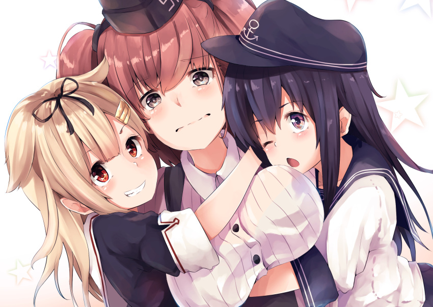 3girls akatsuki_(kantai_collection) anchor_symbol atlanta_(kantai_collection) black_headwear black_ribbon black_sailor_collar black_serafuku blonde_hair blush breasts brown_hair buttons eyebrows_visible_through_hair flat_cap garrison_cap gradient gradient_background grey_eyes grin hair_between_eyes hair_flaps hair_ornament hair_ribbon hairclip hat highres kantai_collection large_breasts long_hair long_sleeves multiple_girls one_eye_closed purple_hair red_eyes remodel_(kantai_collection) ribbon sailor_collar school_uniform serafuku shirt smile starry_background taisho_(gumiyuki) two_side_up upper_body violet_eyes white_shirt yuudachi_(kantai_collection)