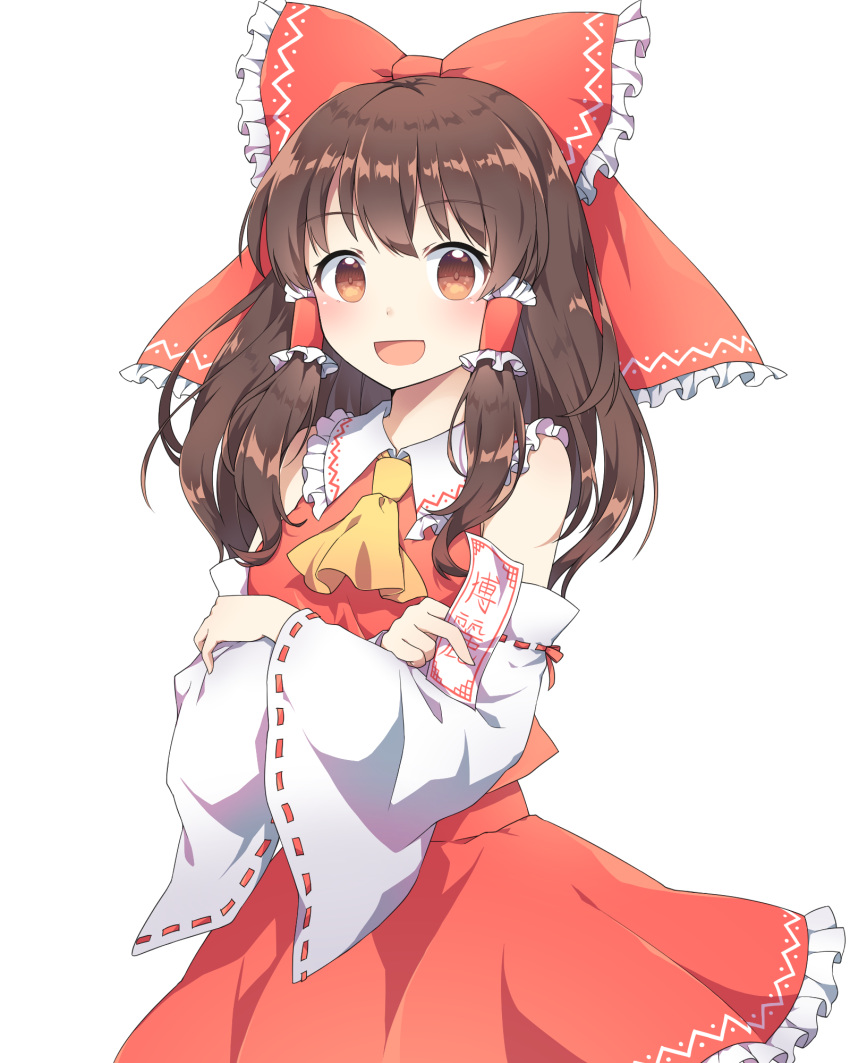 1girl :d ascot bare_shoulders between_fingers blush bow brown_eyes brown_hair caramell0501 collared_shirt commentary_request detached_sleeves frilled_bow frilled_shirt_collar frilled_skirt frills hair_bow hair_tubes hakurei_reimu highres holding long_hair long_sleeves looking_at_viewer ofuda open_mouth red_bow red_shirt red_skirt ribbon-trimmed_sleeves ribbon_trim shirt sidelocks simple_background skirt sleeveless sleeveless_shirt smile solo touhou white_background white_sleeves wide_sleeves yellow_neckwear